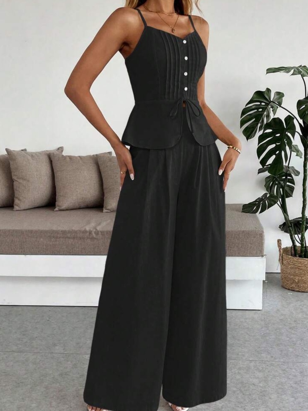 Black 2 Piece Wide-Leg Pants with Structured Corset Bodice Top Set - Picture 3 of 6